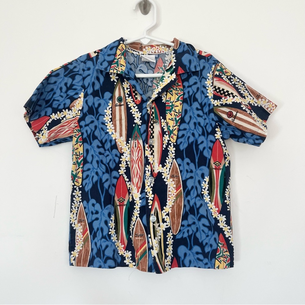 Vintage Nui Nalu Hawaiian Kids Aloha Shirt Blue Surfboard Print Button Down Sz 7